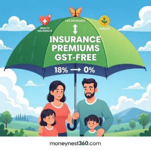 Happy Indian family with insurance documents under a protective shield showing “0% GST”, symbolizing savings and financial security after GST 2.0 reform
